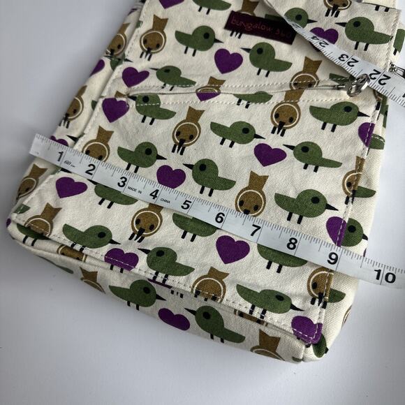 Bungalow 360 Birds Hearts Cream Canvas Crossbody Messenger Bag Multi Pockets - Picture 12 of 16